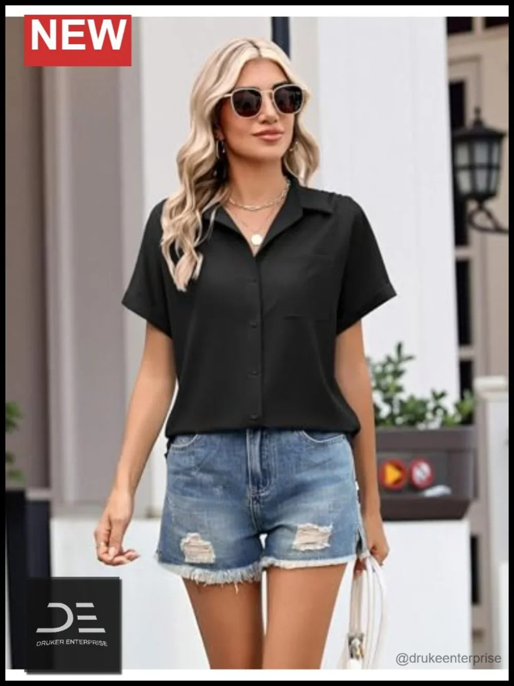 Short Sleeve V-Neck Button Down Shirt Blouse with Pocket Business Casual Top - Picture 3 of 5